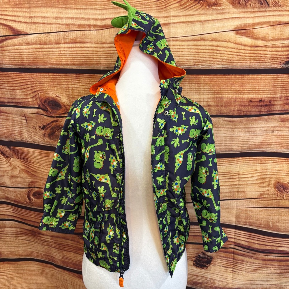 London Fog Boys Hooded Lined Adorable Navy Lime Green Dinosaur Rain Jacket Sz 5
